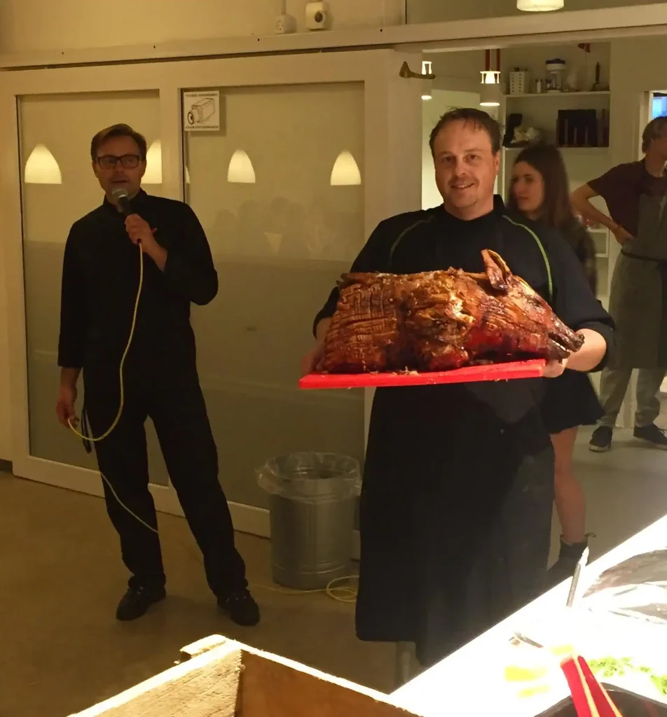 Roast suckling pig at harvest feast at Ranum Efterskole College