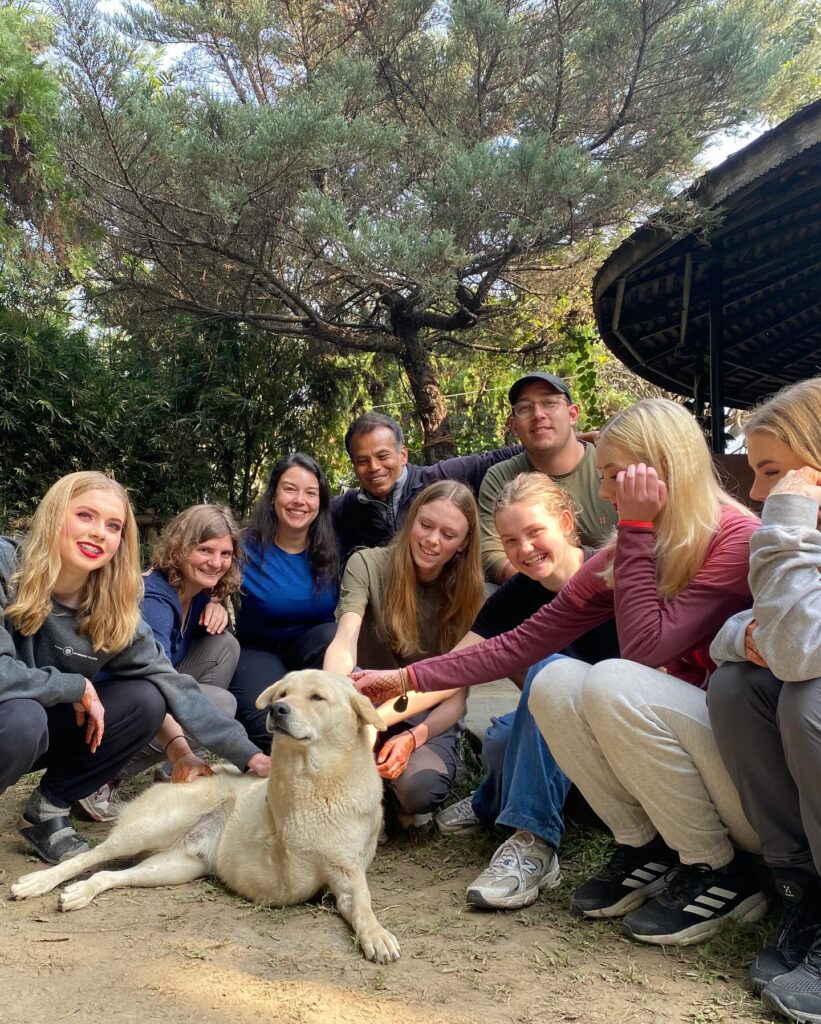 After-school students gather around a dog and pet the dog