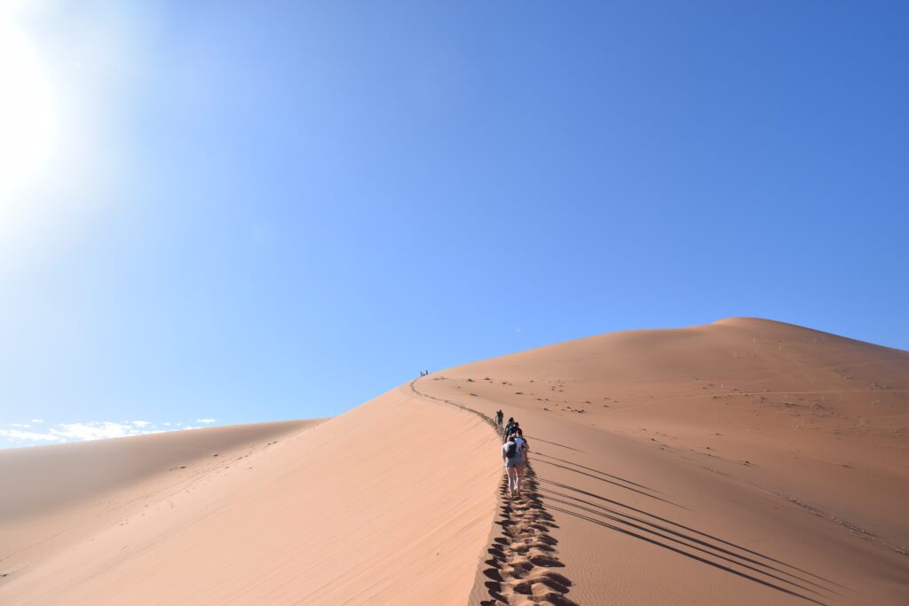 Students walking up a steep hill in the desert