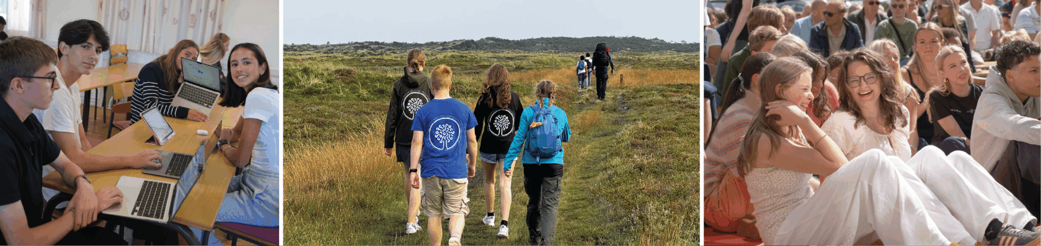 Collage of students walking learning and smiling